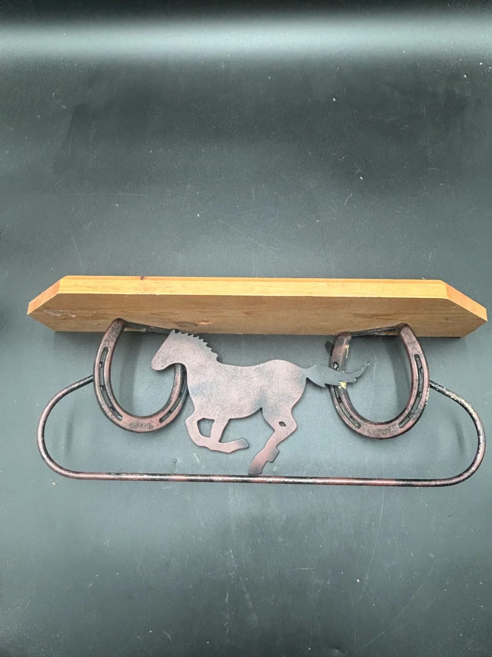 Rustic Brown Metal Horse Wall shelf and towel holder